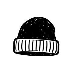 Black and white illustration of a beanie hat on a white background.