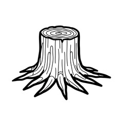 Black and white illustration of a tree stump with visible rings and roots.