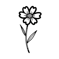Simple black and white illustration of a single flower with leaves.