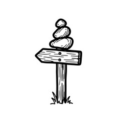 Hand drawn illustration of a wooden signpost with a stack of stones.