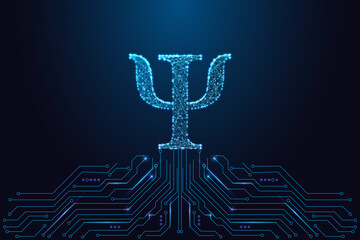 Digital Psi Psychology Symbol on Circuit Board Low Poly Mental Health Tech Blue Vector Illustration