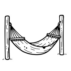 Black and white illustration of a hammock between two wooden posts.