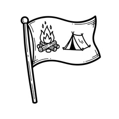 Camping flag with campfire and tent illustration.