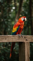 Obraz premium Macaw perches calmly on wooden fence in tropical environment