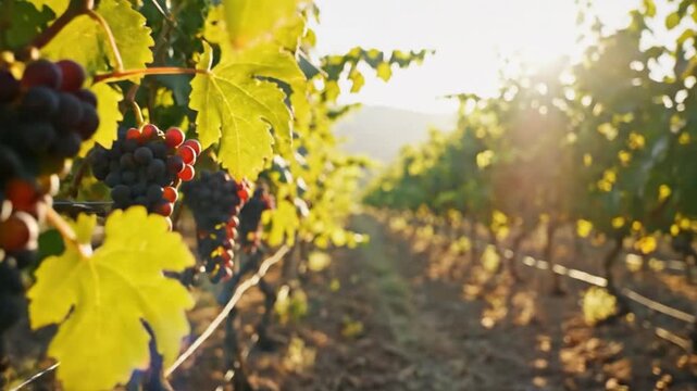 Vineyard landscape with ripe grapes hanging from vines on a sunny day