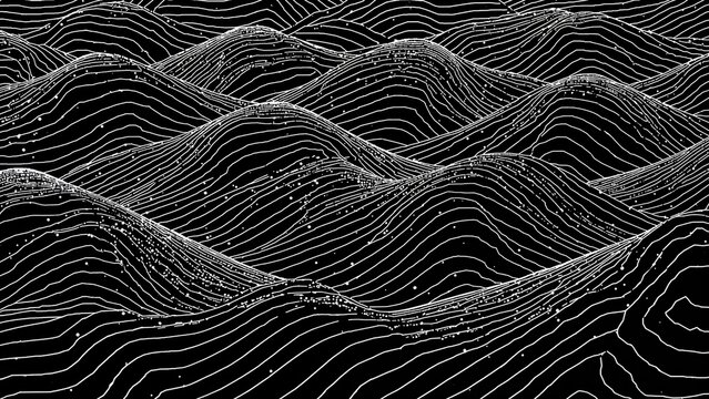 A digital terrain model with contour lines in a black and white color scheme. Abstract topography, landscape, and elevation representation.