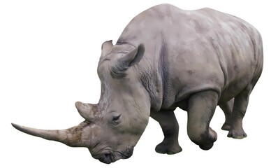 Obraz premium A full-body image of a white rhinoceros (Ceratotherium simum), isolated on a white background.