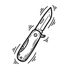 This detailed hand-drawn illustration features an open folding pocket knife, highlighting its sharp blade and robust design, ideal for various utility tasks.