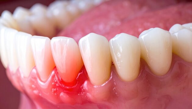 Detailed dental view shows the inflamed gum near the teeth, highlighting the concept of oral hygiene and related issues.
