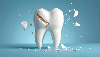 Fototapeta premium An artistic, visual representation of a fractured tooth, set against a pristine backdrop, symbolizes the fragility of dental health. 