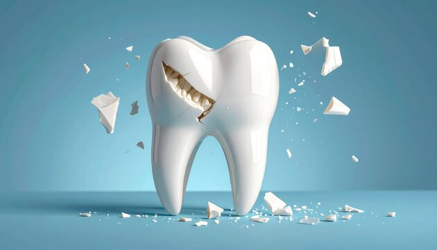 An artistic, visual representation of a fractured tooth, set against a pristine backdrop, symbolizes the fragility of dental health. 