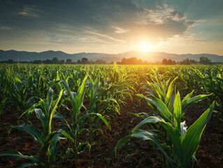 healthy green corn or maize leaves at agriculture plantation corn field beside agriculture farm.	