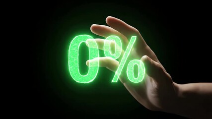 A hand reveals a futuristic glowing green zero percent symbol against a dark background, representing a financial concept.