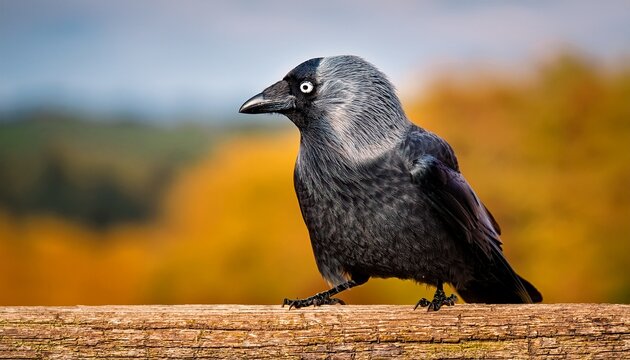 close up of a jackdaw coloeus monedula bird perched on a wooden surface in nature