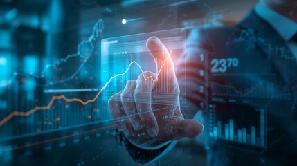 a businessman interacting with holographic financial data, exploring a chart that visualizes market trends. His finger is touching the screen, and the scene is rendered with blue tones