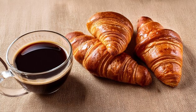 top view of croissant and coffee on linen surface