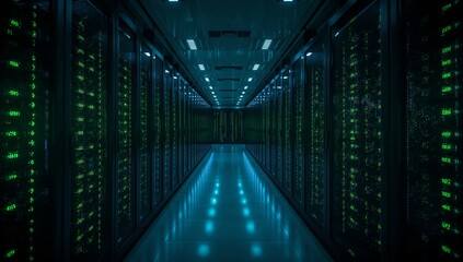 A futuristic server room with data center equipment. The servers are organized in neat rows, with blinking lights that create a sense of the digital world.