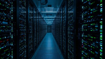 a long, symmetrical view of a data center corridor lined with servers. The scene exudes a sense of technology and information