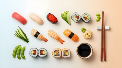 Assortment of fresh sushi, nigiri, and maki rolls with various ingredients on a light background