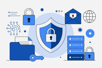 Digital cybersecurity concept with shield, padlocks, data servers, and secure communication elements.