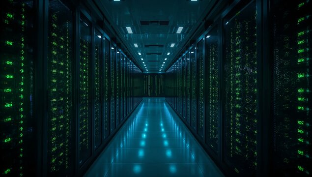 A futuristic server room with data center equipment. The servers are organized in neat rows, with blinking lights that create a sense of the digital world. - Powered by Adobe