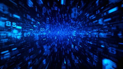 Digital data streaming through a digital tunnel. A visualization of data, with a focus on code and numbers