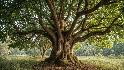 Fototapeta premium A large, mature tree with sprawling branches and lush green leaves in a natural setting.