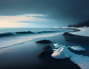 frozen shoreline meeting dark sea minimal landscape