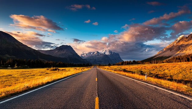 scenic road with a dramatic mountain backdrop wide angle view rich colors breathtaking vista