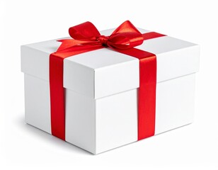 White Gift Box with Red Ribbon on Dark Background. Generative Image