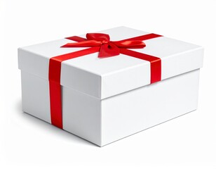 White Gift Box with Red Ribbon on Dark Background. Generative Image