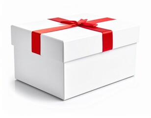 White Gift Box with Red Ribbon on Dark Background. Generative Image