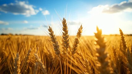 A cinematic close up of a golden wheat field with ripe ears of grain basking in the warm sunlight of a beautiful sunset.