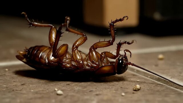 A dying cockroach lies on its back, legs twitching in its final moments on a dirty kitchen floor in a close-up shot.