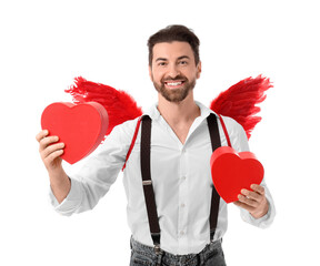 Obraz premium Man dressed as Cupid with hearts on white background. Valentine's Day celebration