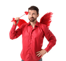 Obraz premium Thoughtful man dressed as Cupid with arrow on white background. Valentine's Day celebration