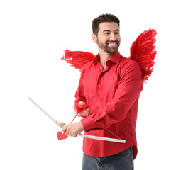 Obraz premium Man dressed as Cupid with bow and arrow on white background. Valentine's Day celebration