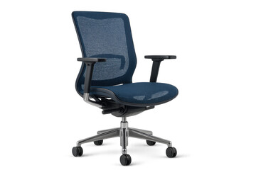 Blue ergonomic office chair. Mesh back and seating for comfort and ventilation. Swivel chair on casters with transparent background