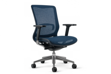 Blue ergonomic office chair. Mesh back and seating for comfort and ventilation. Swivel chair on casters with transparent background