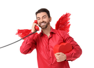 Obraz premium Man dressed as Cupid talking by phone on white background. Valentine's Day celebration