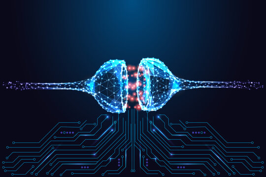 Neural synapse with glowing signal above circuitry, AI neuroscience technology vector illustration
