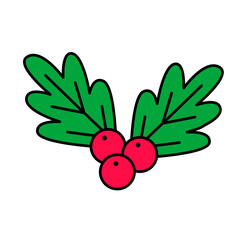 Cartoon Colorful Christmas Holly Leaves and Red Berries with Bold Black Outline Isolated on White Background – Festive Winter Botanical Icon for Holiday Cards, Decorations, Stickers, Gift Wrap, etc.