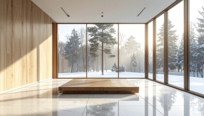 Fototapeta premium Minimalist Modern Room with Large Windows Overlooking Snowy Forest - Serene Interior Design and Architecture