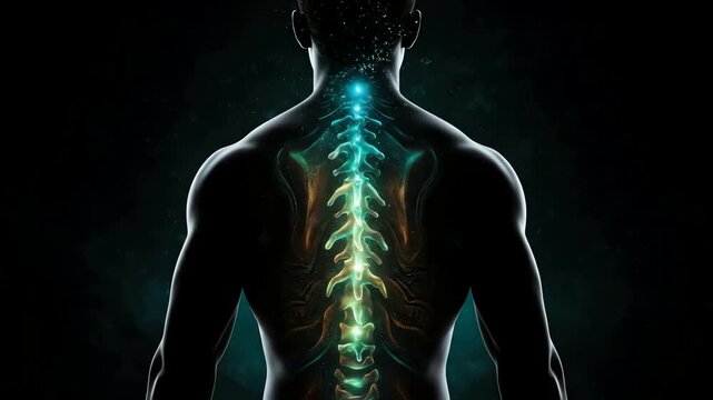 Futuristic Medical Animation of Human Spine with Glowing Nervous System Energy