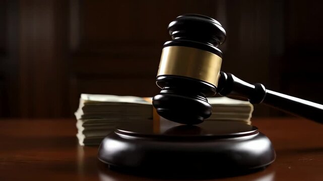 Courtroom scene with a judge's gavel and a stack of money symbolizing justice, bail, or corruption.