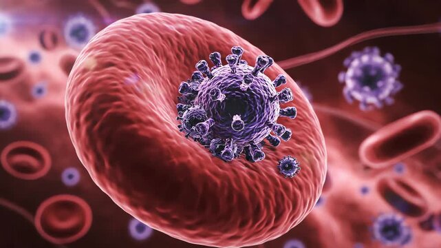 A detailed 3D medical animation showing a virus infecting and replicating on a red blood cell within the bloodstream.