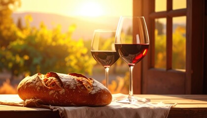 Rustic Still Life: Red Wine & Crusty Bread with Vineyard View - Golden Hour Photography