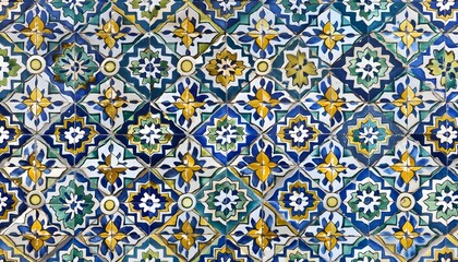 Illustration of intricate geometric patterned tile design with floral motifs in blue, green, and yellow hues on a white background