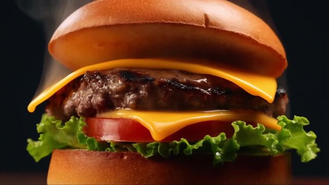 Steaming hot juicy cheeseburger with melted cheese fresh lettuce and tomato on dark background