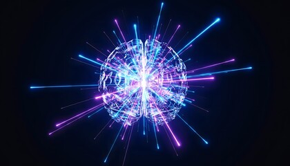 Illustration of vibrant neon light explosion with purple and blue rays on dark background